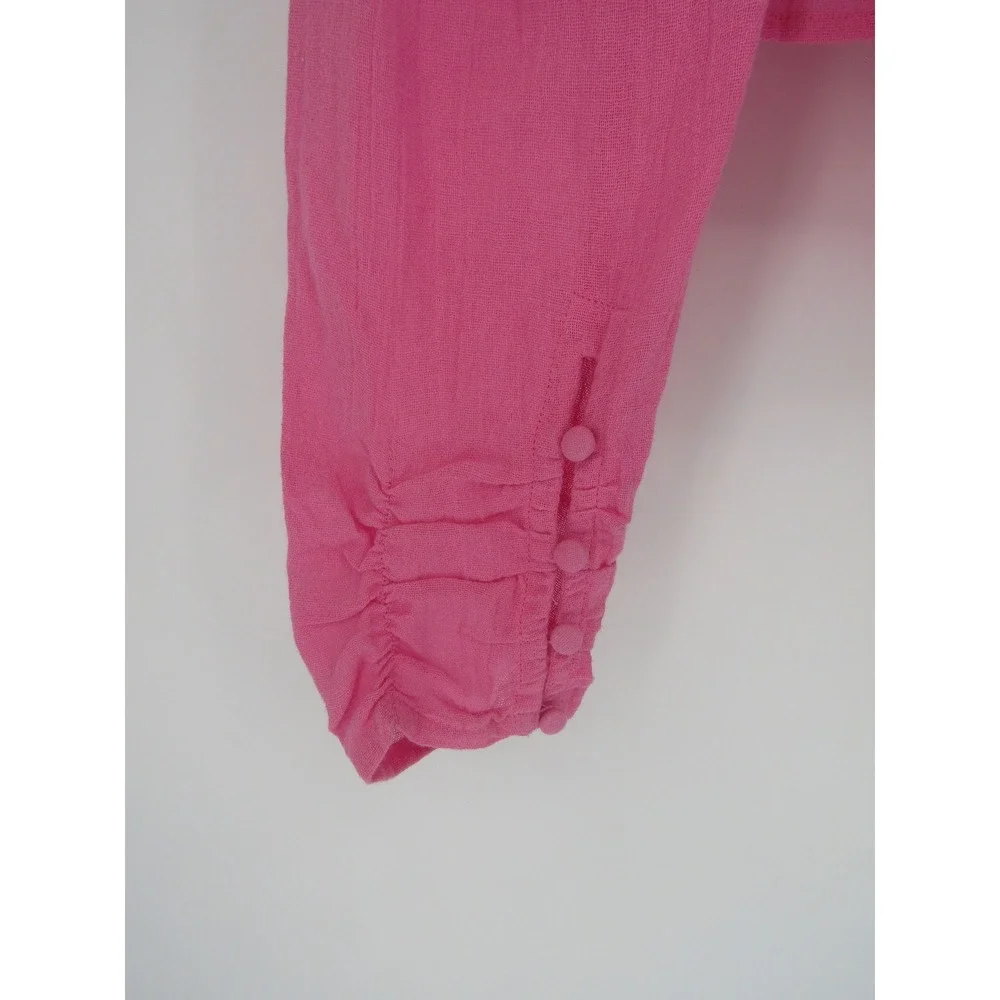 Free People Peplum Top Womens Small Pink Smocked Puff Sleeve Tie Back Boho